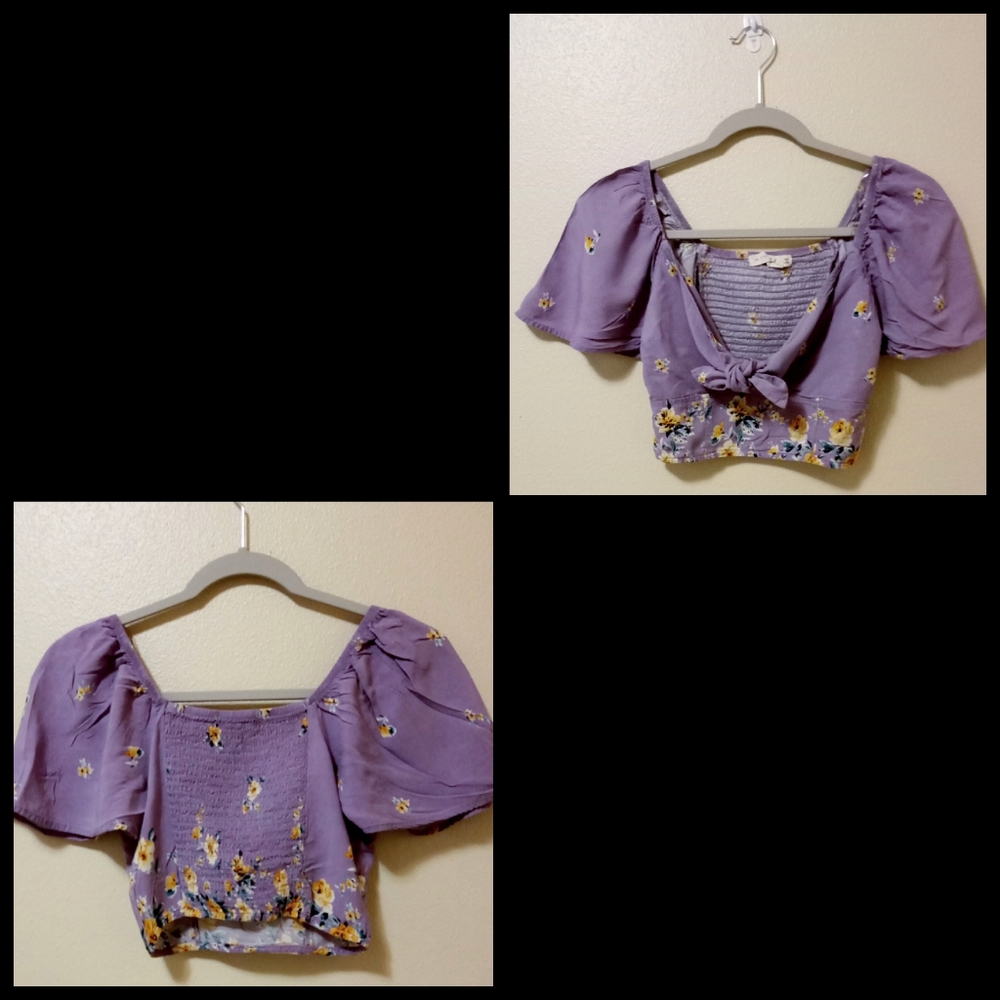 Kohl’s Floral Crop Top, Deep Neckline, Bow Tie Detail, Purple